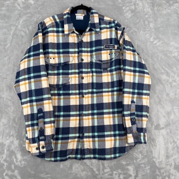 Columbia PFG Flannel Shirt Shacket Jacket Men XL Fleece Lined Plaid Blue Outdoor - Picture 6 of 16